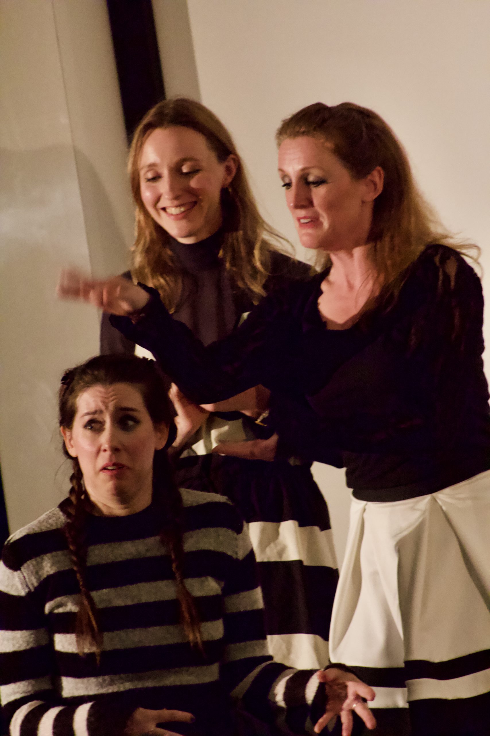 The Maydays Liz Peters, Rhiannon Vivian and Rebecca MacMillan during a scene of Happily Never After, an imporvised gothic musical tale during the Maydays Imporv Retreat 2021
