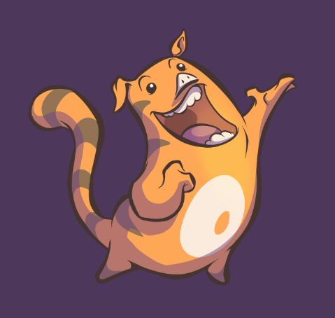 Jon Oslo 5 Cartoon orange animal mascot with striped tail, laughing and raising one paw